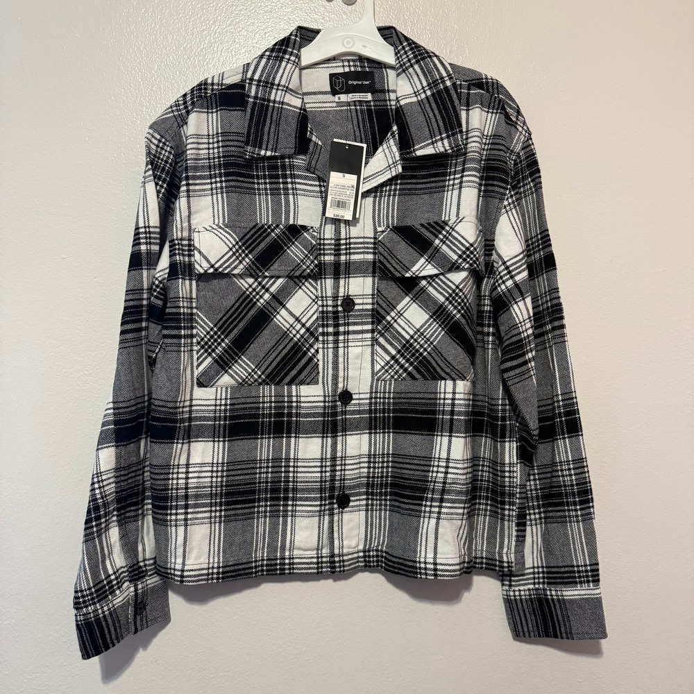 Original Use Mens Boxy Flannel Shirt Black White Plaid Cotton Button Down S